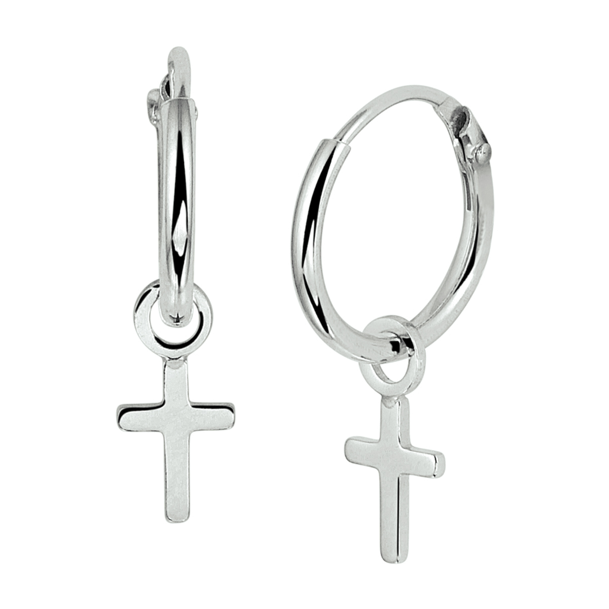 Gerhodineerd zilveren oorringen met een afmeting van 12x1.5mm uitgevoerd met een kruis van 7x5.2mm. Info: Gerhodineerd zilver is door de rhodiumlaag beter bestand tegen verkleuren en krassen.
