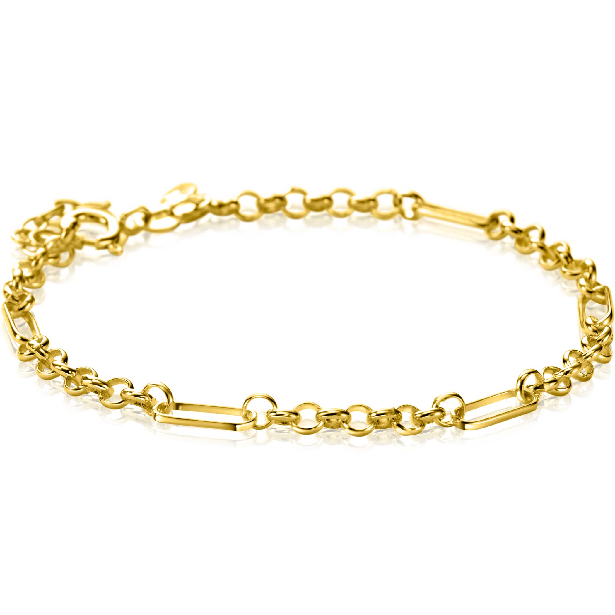 ZINZI Gold 14 karaat gouden massieve armband met vier paperclip-schakels gecombineerd met trendy jasseron schakels van 3 mm breed. De lengte van de armband is te variëren tussen 17 en 19cm. Vervaardigd van geheel 14 karaat goud (585). En herkenbaar 'Zinzi' door het kleine gouden Zinzi hartje bij de sluiting.