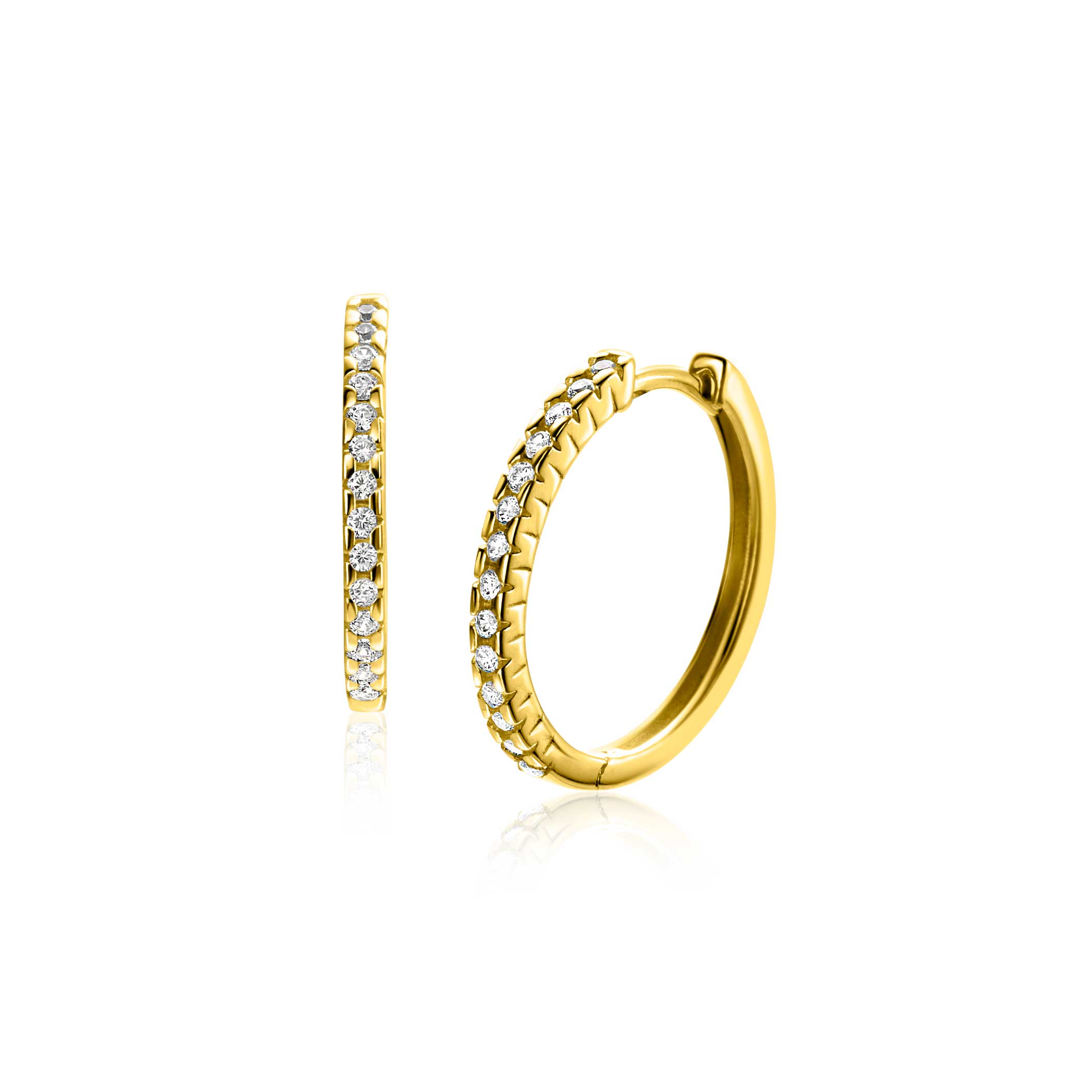17mm ZINZI Gold 14 krt gouden oorringen bezet met witte zirconia's met luxe klapsluiting 17mm x 1,7mm vierkante buis ZGO506