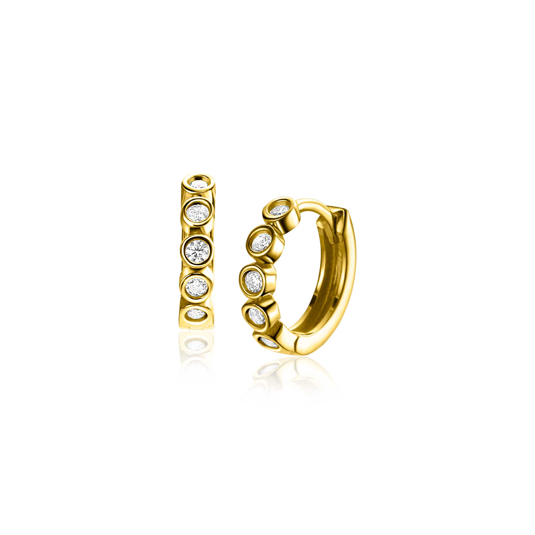 13mm ZINZI Gold 14 krt gouden oorringen met ronde zettingen bezet met witte zirconia's, luxe klapsluiting 13mm x 2,7mm buis ZGO507