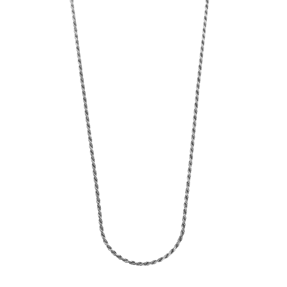 Sterling 925 zilveren gerhodineerde "rope"ketting van 2mm breed. Mooi om met een andere ketting te "layeren" en geschikt voor onze zilveren hangers.