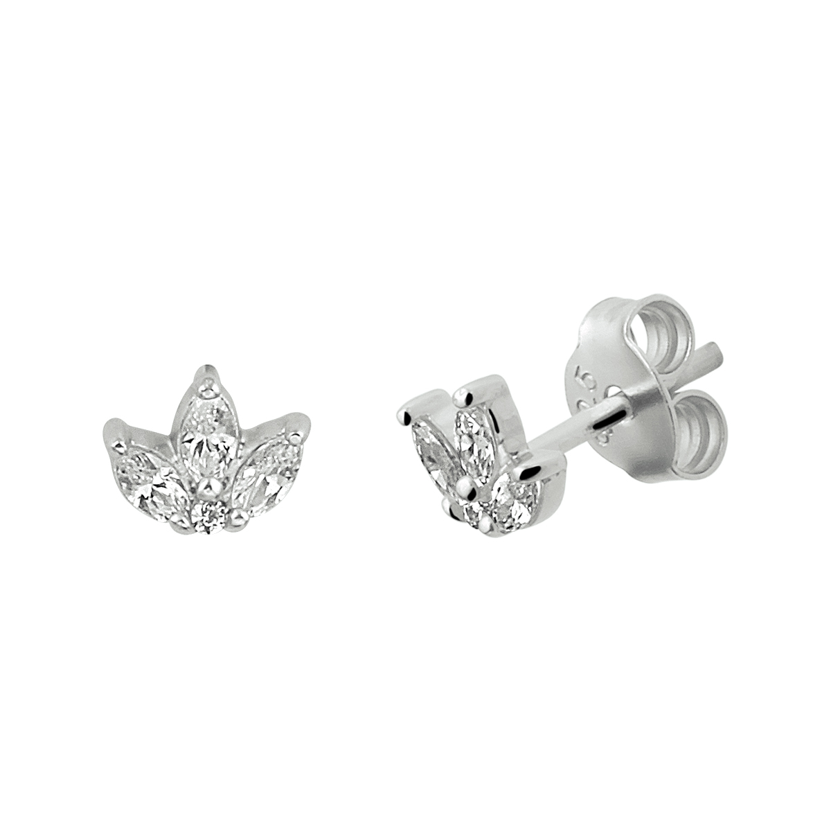 Gerhodineerd 925 zilveren oorknoppen uitgevoerd in de vorm van een lotus en met een schitterende zirkonia rij. De oorknoppen hebben een afmeting van 5x6mm.