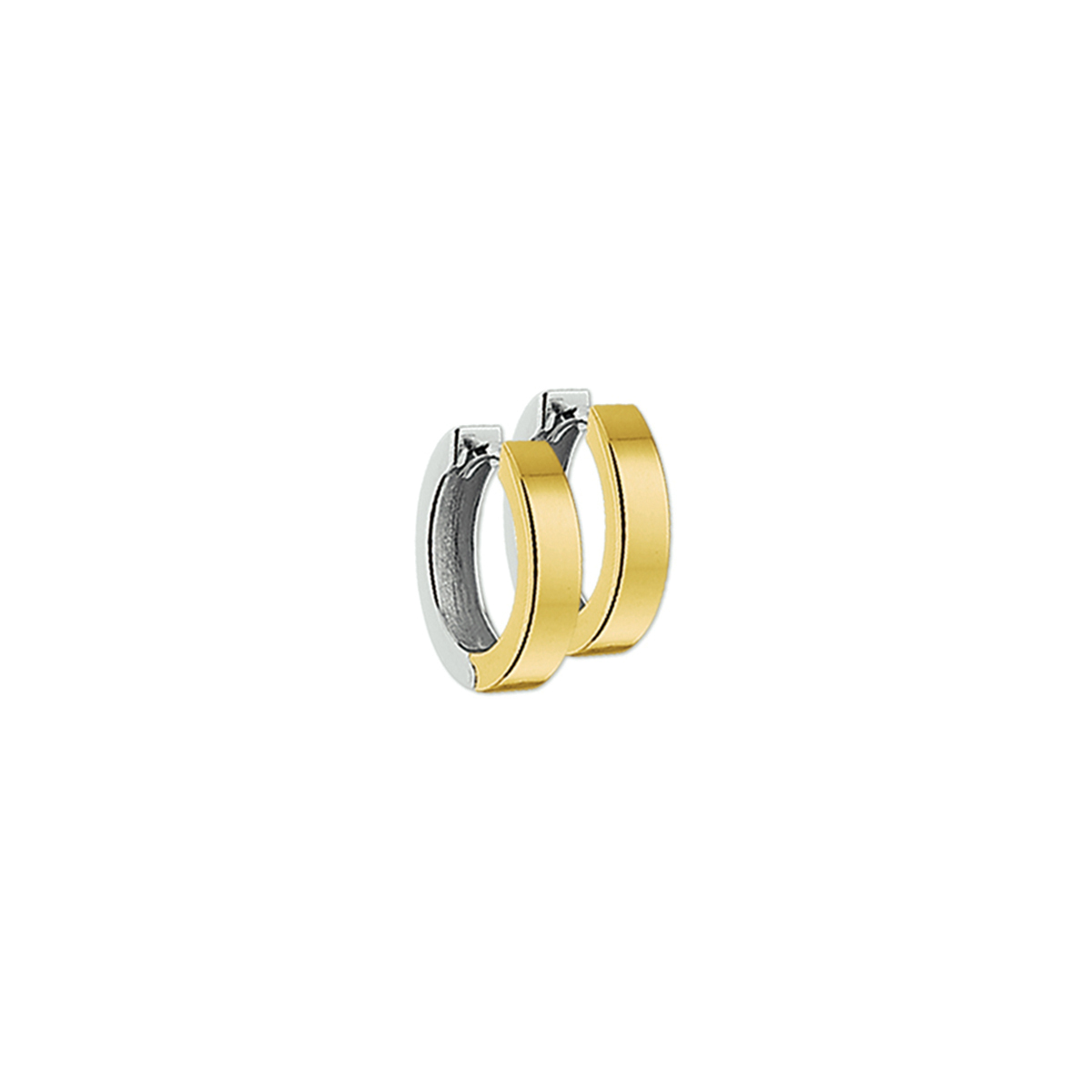 Beschrijving: Bicolor wit- en geelgouden klapcreolen. 
Verpakt per: 1
Doelgroep: dames
Breedte: 3.5 mm