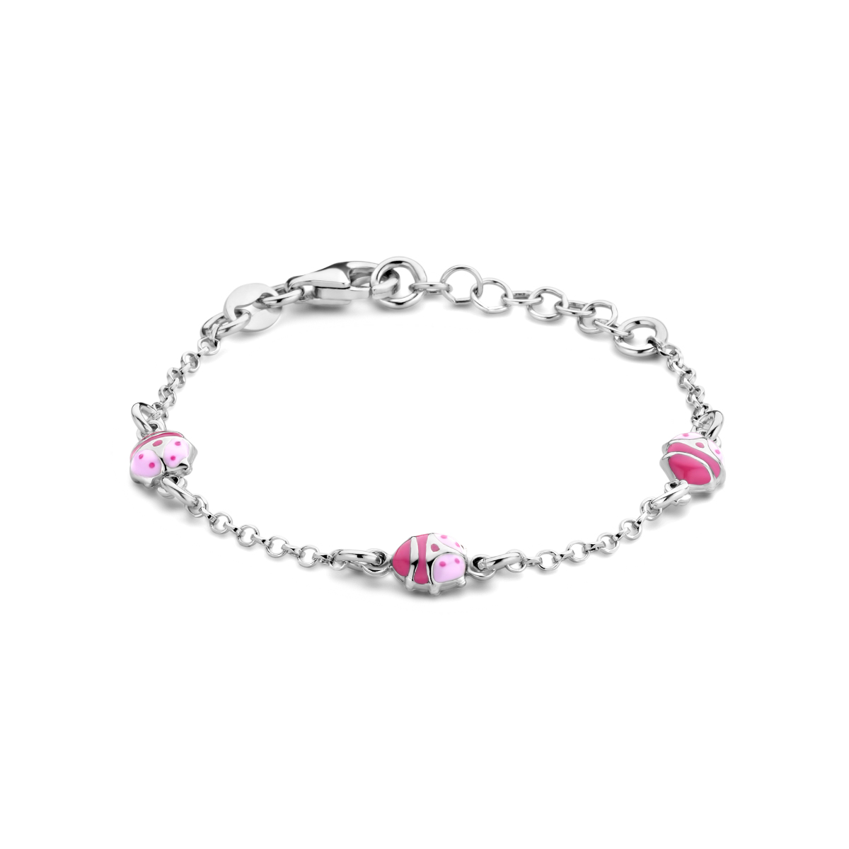 Gerhodineerd 925 zilveren armband uitgevoerd met een lieveheersbeestjes en een karabijn sluiting. De armband heeft een draaglengte van 11cm en een extensie van 2cm. De schakelbreedte is 1.7mm.