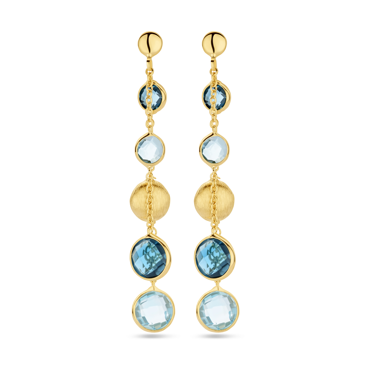 14k Geelgouden oorhangers uitgevoerd met rondjes, sky blue topaas en london topaas. De oorhangers hebben een totale hoogte van 44mm