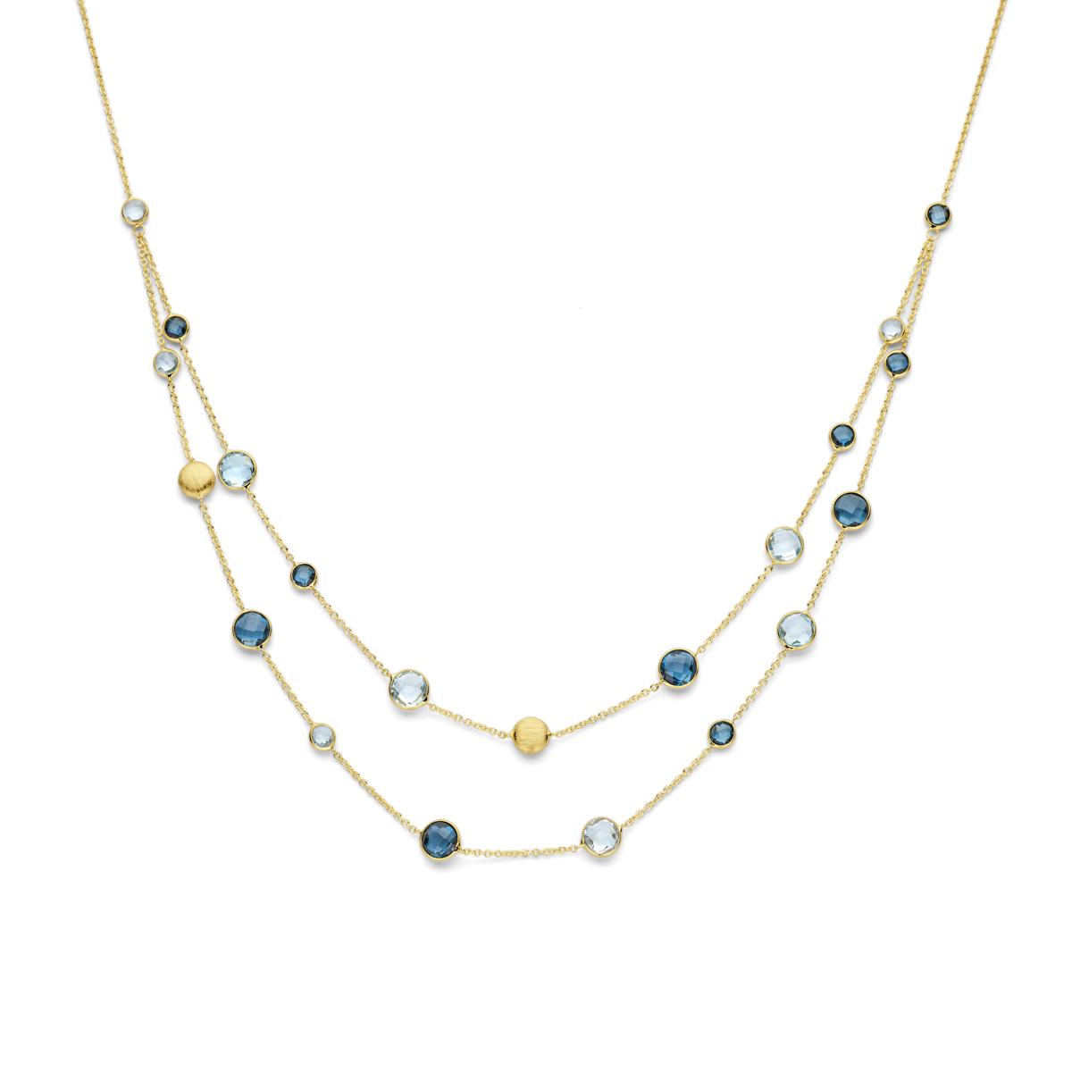 14k Geelgouden collier uitgevoerd met rondjes, sky blue topaas en london blue topaas. Het collier heeft een draaglengte van 45cm. Uitgevoerd met karabijnsluiting.