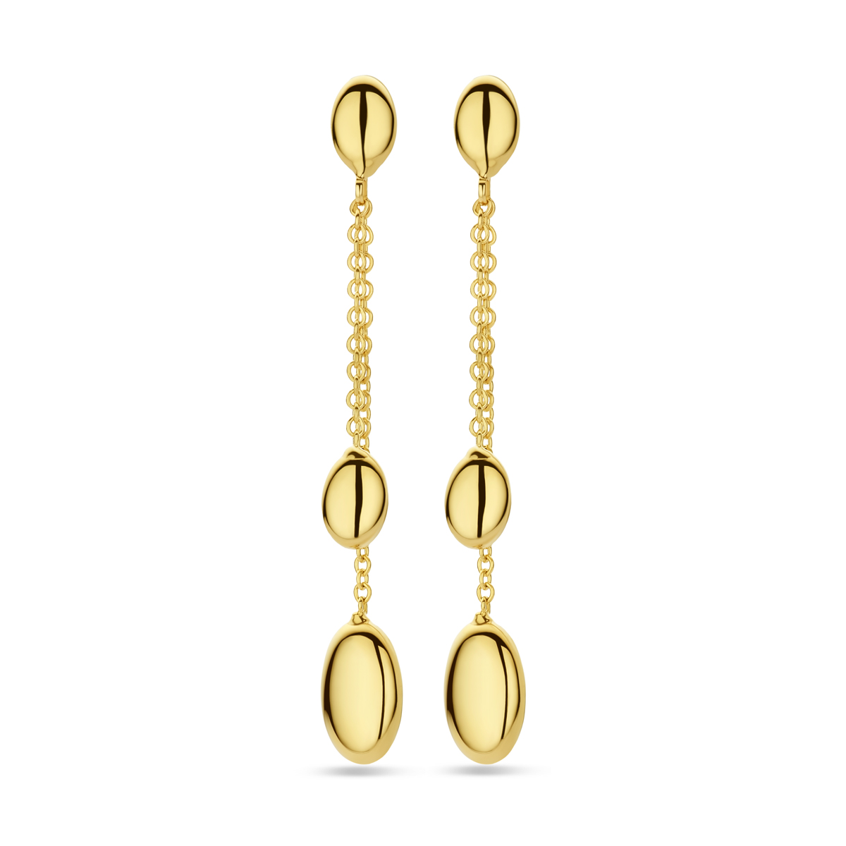 14k Geelgouden oorhangers uitgevoerd met ovaaltjes. De oorhangers hebben een totale hoogte van 43mm.