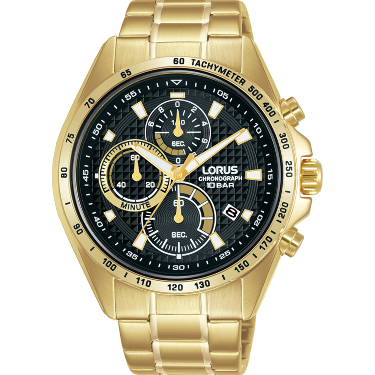 Dit is een herenhorloge van het merk Lorus. Het is een chronograaf horloge gemaakt van doublé. De diameter van de kast is 44 mm en de kast is 11.2 mm dik.