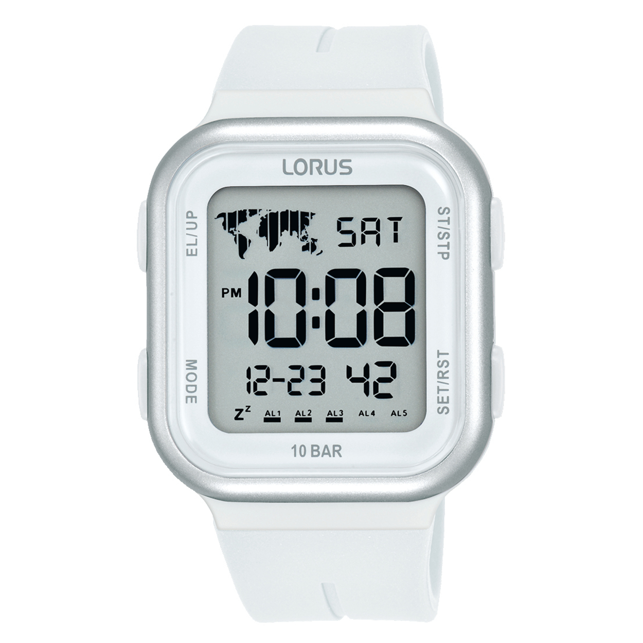 Dit is een herenhorloge van het merk Lorus. Het is een digitaal horloge gemaakt van kunststof. De diameter van de kast is 38 mm en de kast is 13 mm dik.
De verdere specificaties van het horloge zijn als volgt:
Kastvorm: tonneau
Kastkleur: wit
Kastmateriaal: kunststof
Bandbreedte: 20 mm
Bandlengte: 268 mm
Sluiting: gesp
Wijzerplaatkleur: grijs
Glassoort: acryl glas
Waterdichtheid: 10 ATM
Techniek: quartz