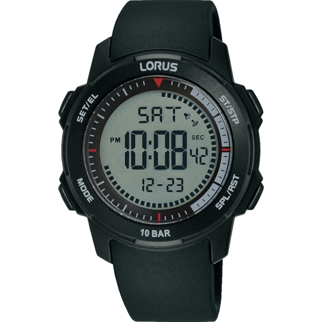 Dit is een herenhorloge van het merk Lorus. Het is een digitaal horloge gemaakt van kunststof. De diameter van de kast is 40 mm en de kast is 15 mm dik.
De verdere specificaties van het horloge zijn als volgt:
Kastvorm: rond
Kastkleur: zwart
Kastmateriaal: kunststof
Bandbreedte: 18 mm
Bandlengte: 250 mm
Sluiting: gesp
Wijzerplaatkleur: grijs
Glassoort: acryl glas
Waterdichtheid: 10 ATM
Techniek: quartz