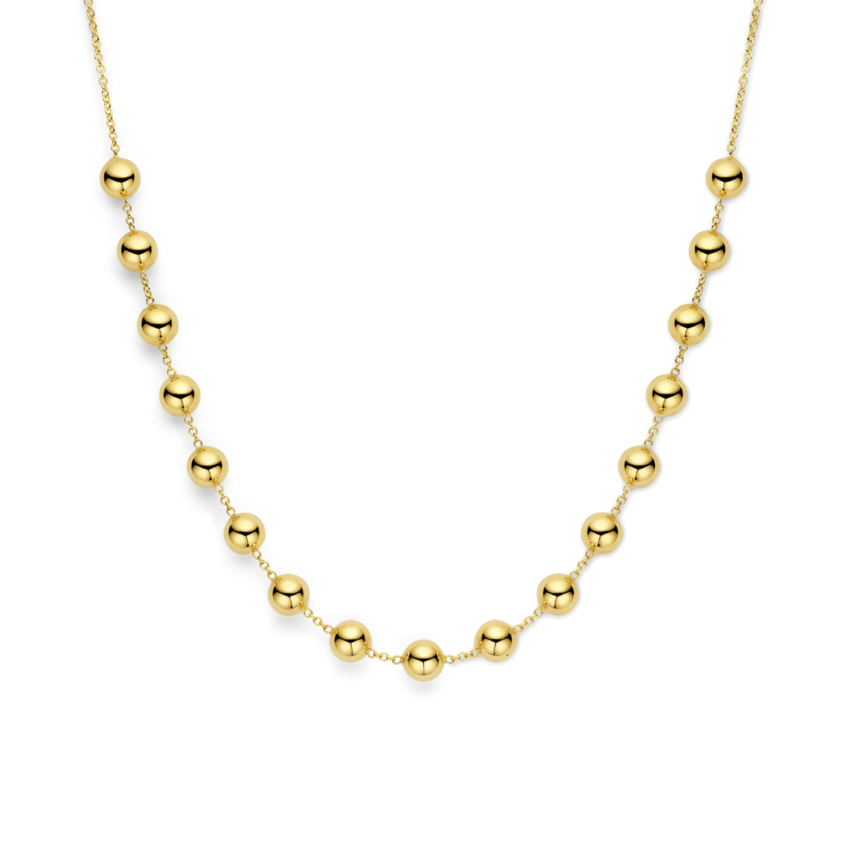 14k Geelgouden collier uitgevoerd met bolletjes. Het collier heeft een schakelbreedte van 1.7mm en een draaglengte van 45cm. Uitgevoerd met karabijnsluiting.