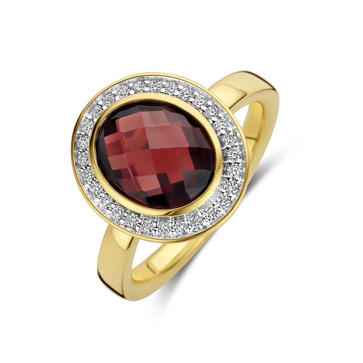 gouden ring, ovaal granaat 10x8mm+ 0.18ct B mt54