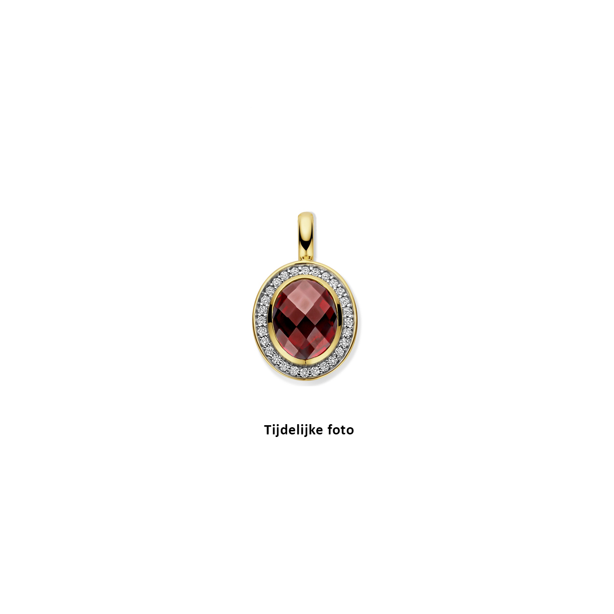 gouden hanger, ovaal granaat+0.18ct briljant 