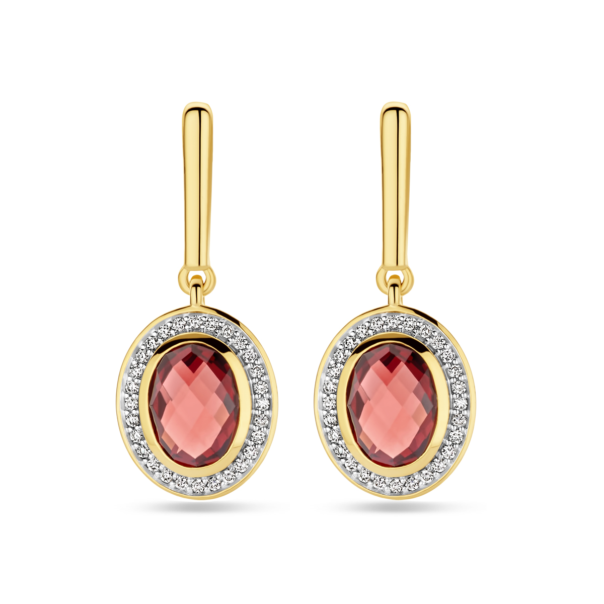 gouden oorhangers, ovaal granaat 8x6mm+0.18ct briljant