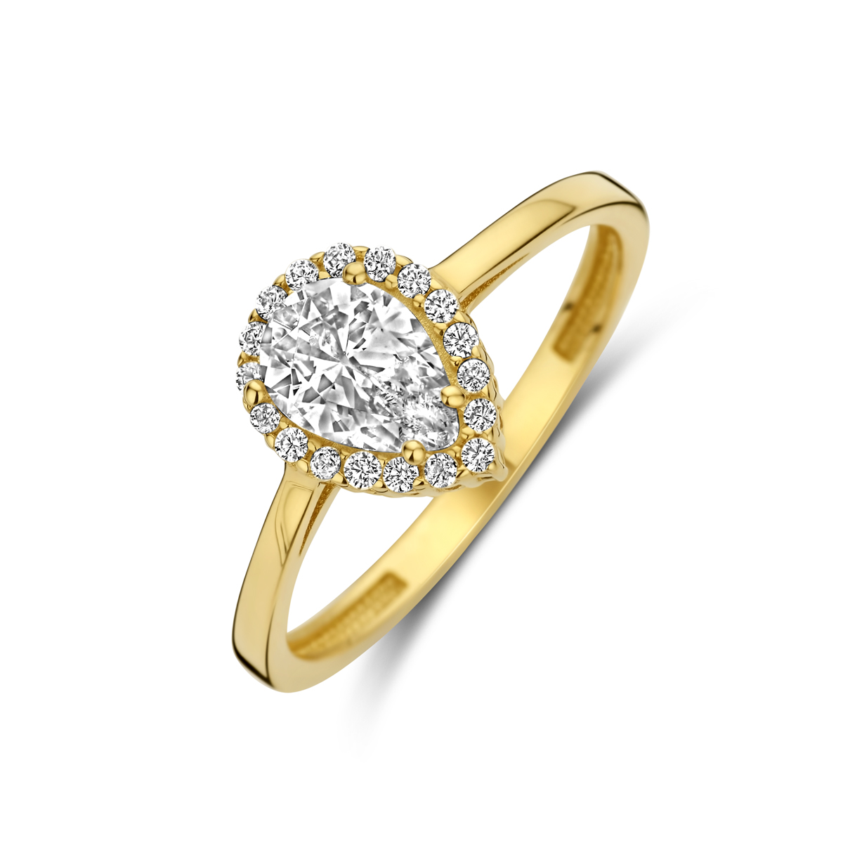 14k Geelgouden ring uitgevoerd met zirkonia. De ring heeft een breedte van 9.5mm.