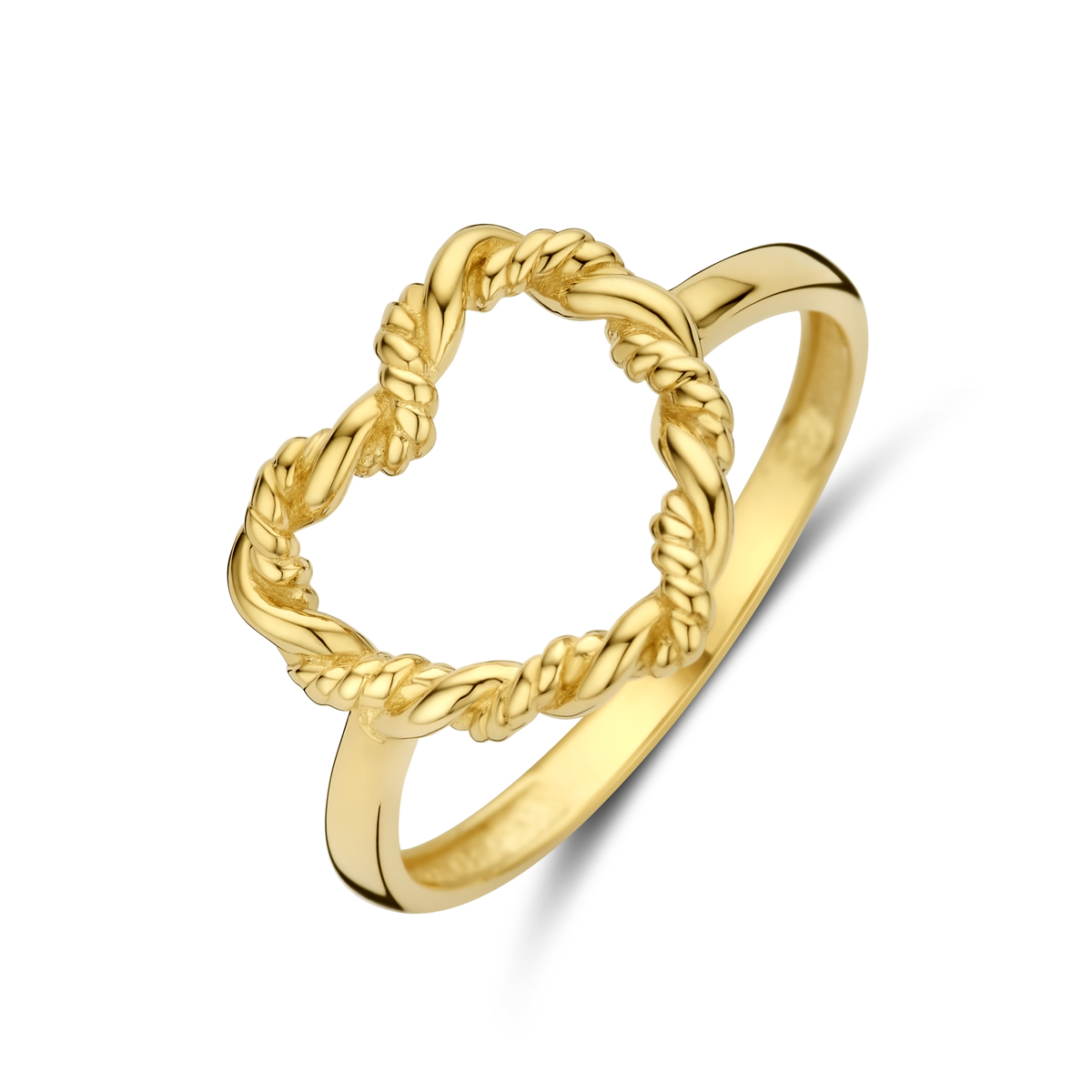 14k Geelgouden ring uitgevoerd in de vorm van een hart. De ring heeft een breedte van 12mm.