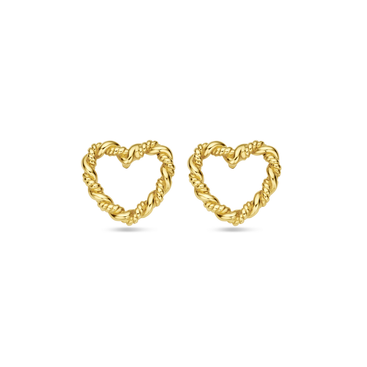 14k Geelgouden oorknoppen uitgevoerd in de vorm van een hart. De oorknoppen hebben een afmeting van 10x11mm.