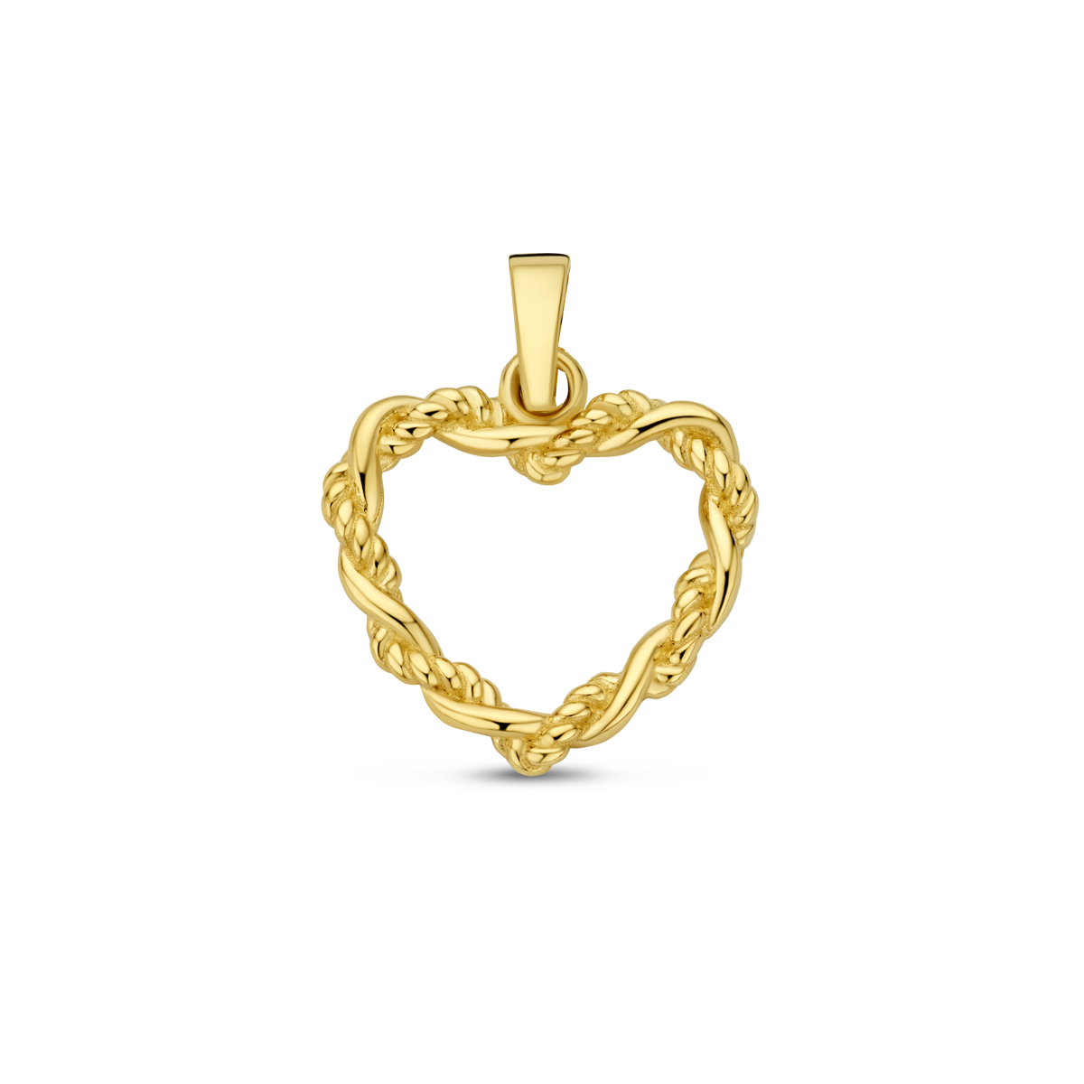 14k Geelgouden hanger uitgevoerd in de vorm van een hart. De hanger heeft een totale hoogte van 18.5mm.