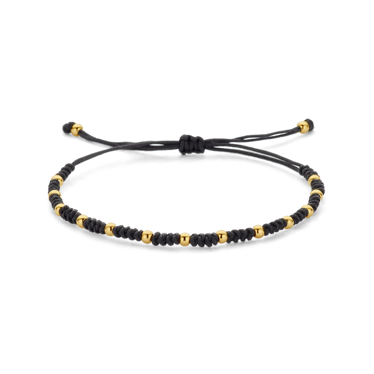 Zwart gevlochten armband uitgevoerd met 14k geelgouden bolletjes. De armband heeft een draaglengtes van 12-24cm.
