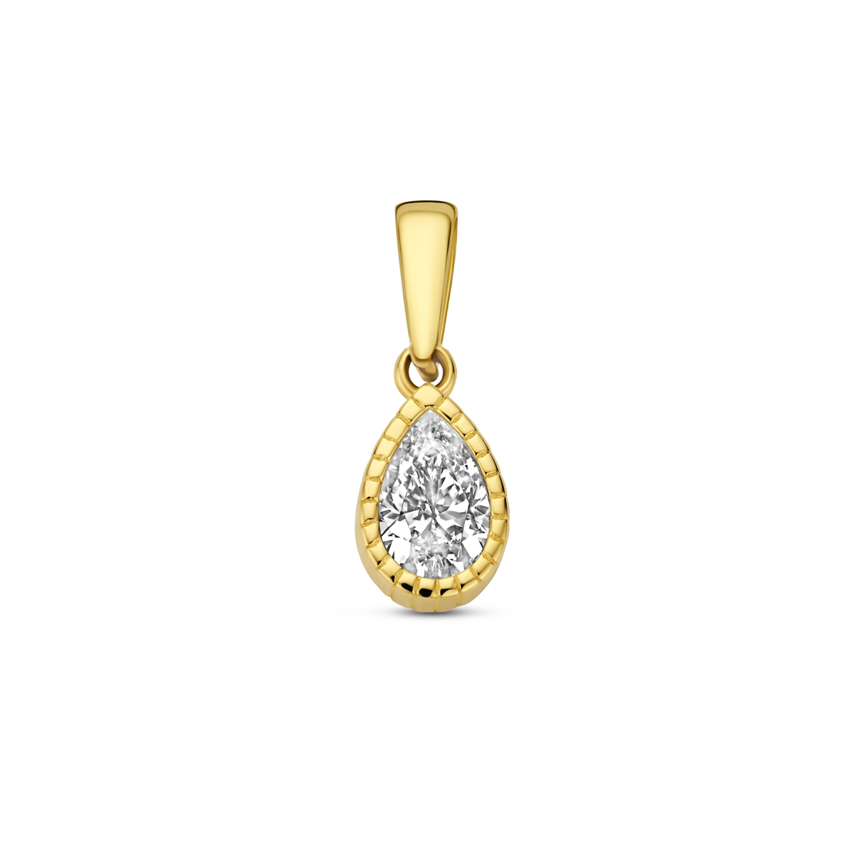 14k Geelgouden hanger uitgevoerd met zirkonia. De hanger heeft een totale hoogte van 14mm.