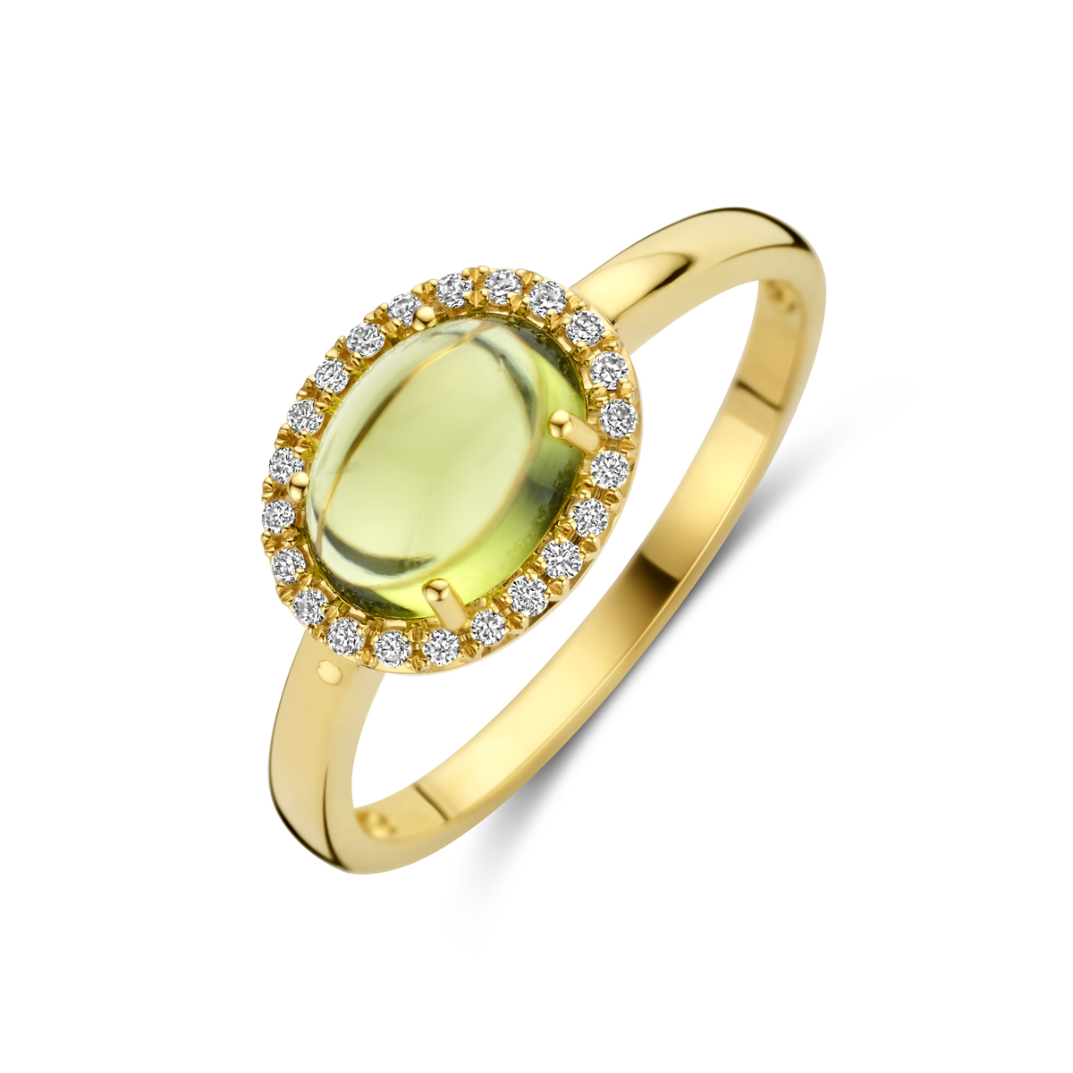 Deze prachtige geelgouden ring is voorzien van een schitterende peridot steen en 0.09ct diamanten van hoge kwaliteit (H SI). De ring is subtiel en elegant, perfect voor dagelijks gebruik of een speciale gelegenheid. Draag deze ring alleen of combineer hem met andere gouden sieraden voor een luxe uitstraling. Een tijdloos stuk dat niet mag ontbreken in jouw collectie!