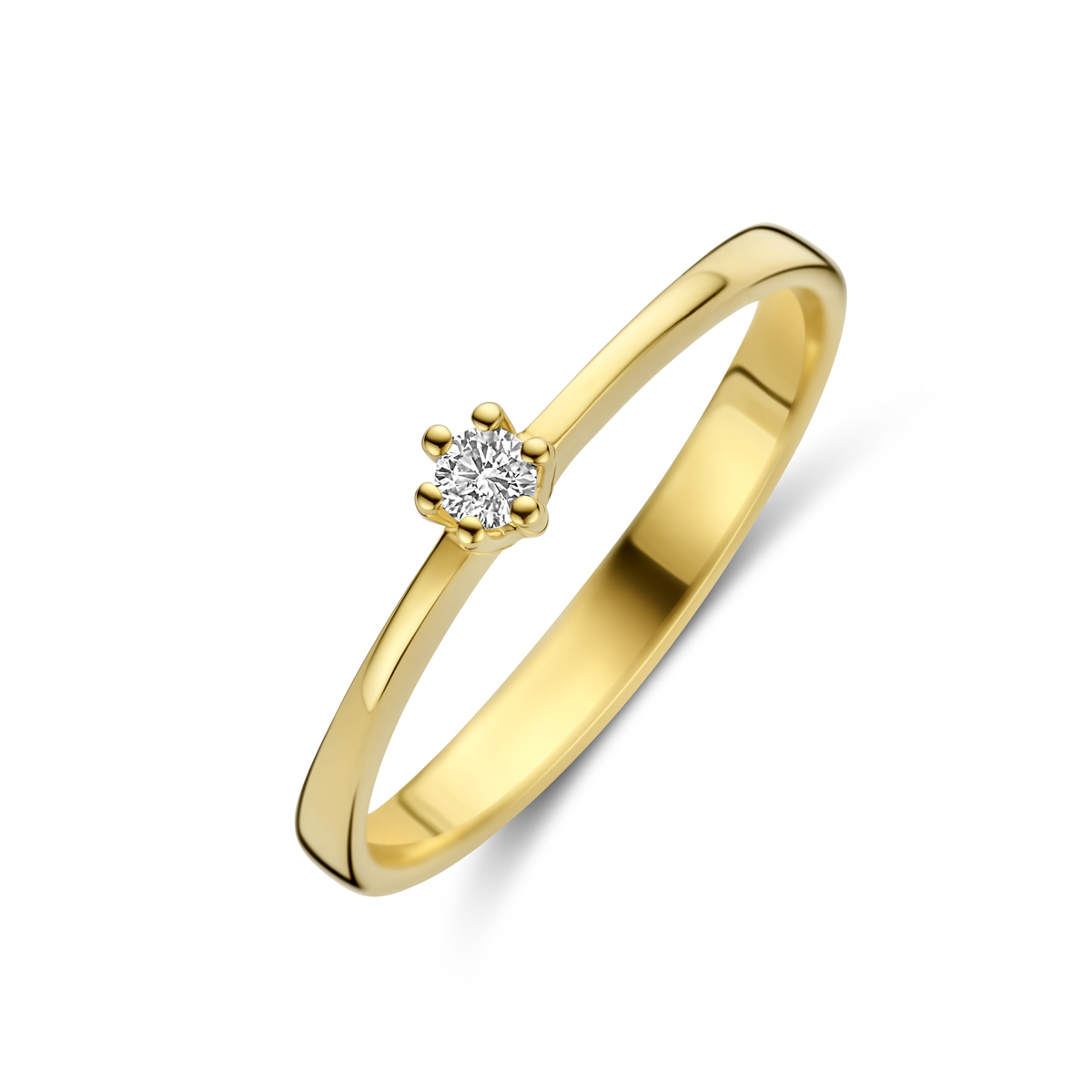 14k Geelgouden ring uitgevoerd met diamant. De ring heeft een breedte van 3.5mm. Het totale diamantgewicht is 0.05ct.
