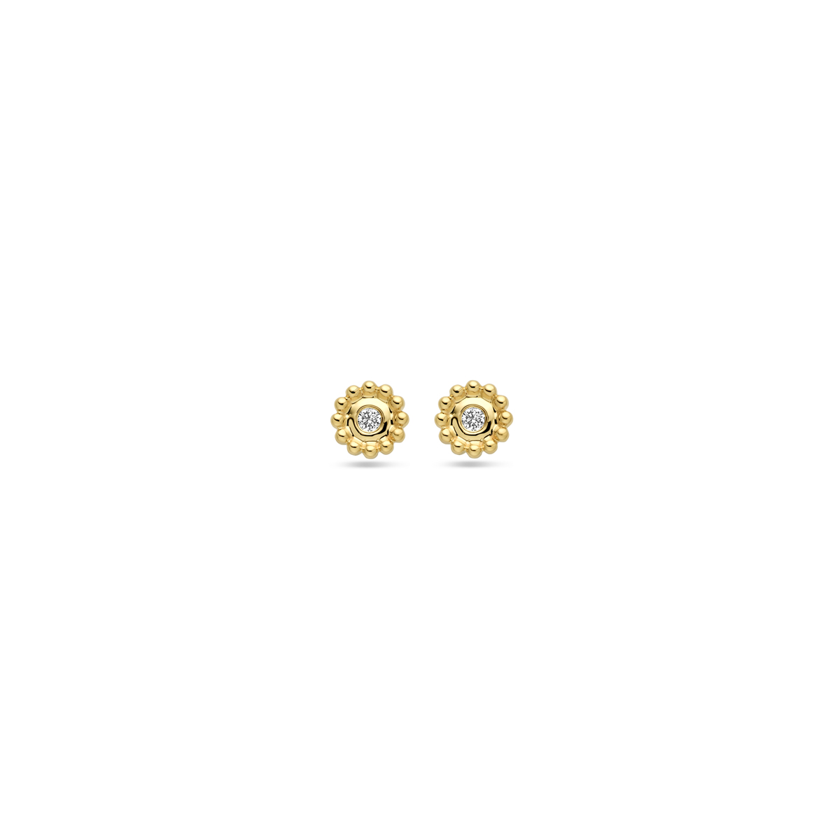 14k Geelgouden oorknoppen uitgevoerd met diamant. De oorknoppen hebben een diameter van 4mm. Het totale diamantgewicht is 0.02ct.