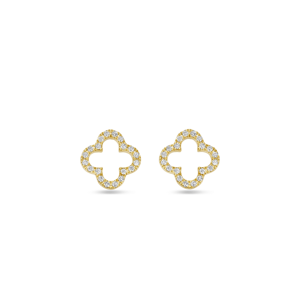 14k Geelgouden oorknoppen uitgevoerd in de vorm van een klavertje met diamant. De oorknoppen hebben een diameter van 9mm. Het totale diamantgewicht is 0.12ct.