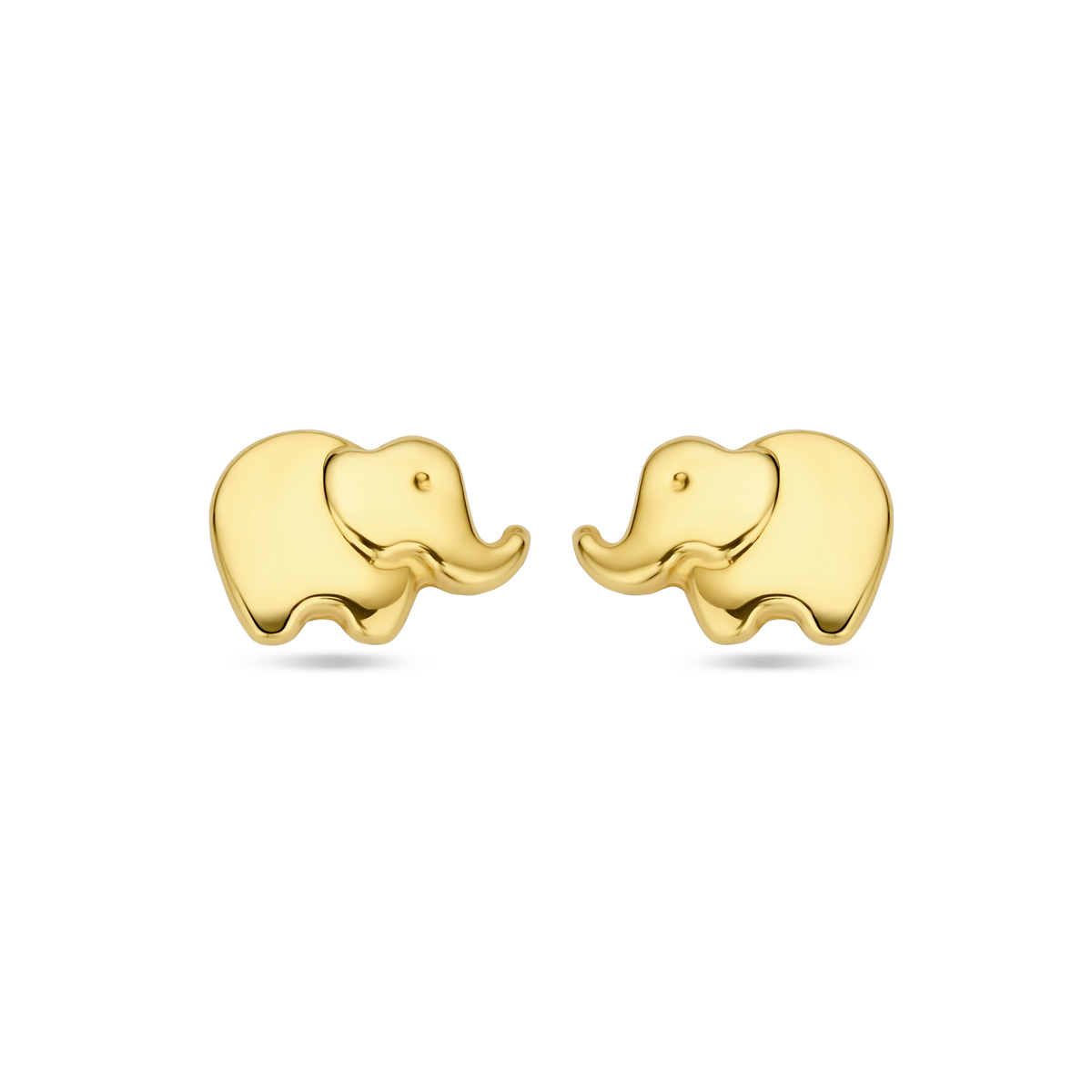 14k Geelgouden oorknoppen uitgevoerd in de vorm van een olifant. De oorknoppen hebben een afmeting van 5x7mm.