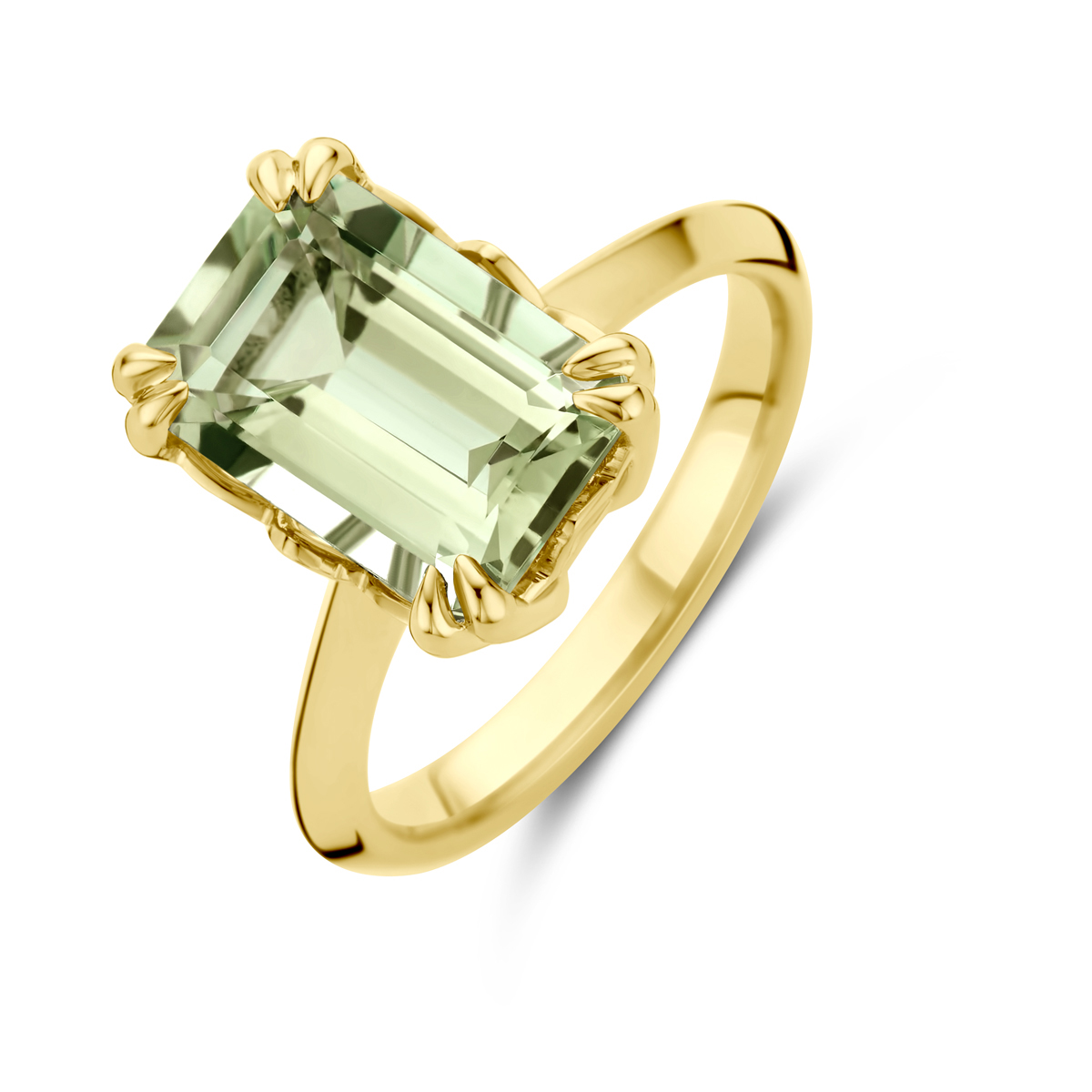14k Geelgouden ring uitgevoerd met groen amethist. De ring heeft een breedte van 13mm.