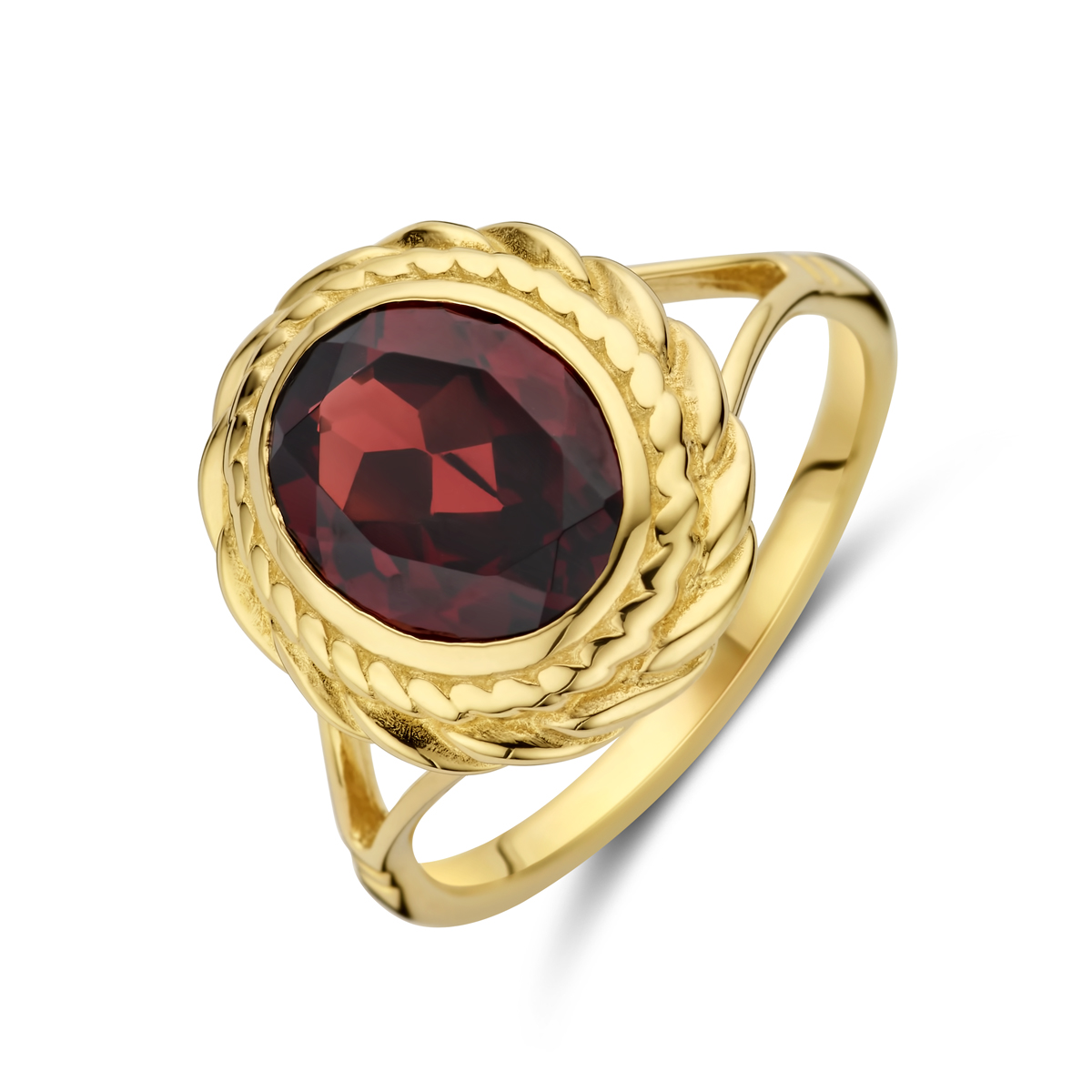 14k Geelgouden ring uitgevoerd met granaat. De ring heeft een breedte van 15mm.