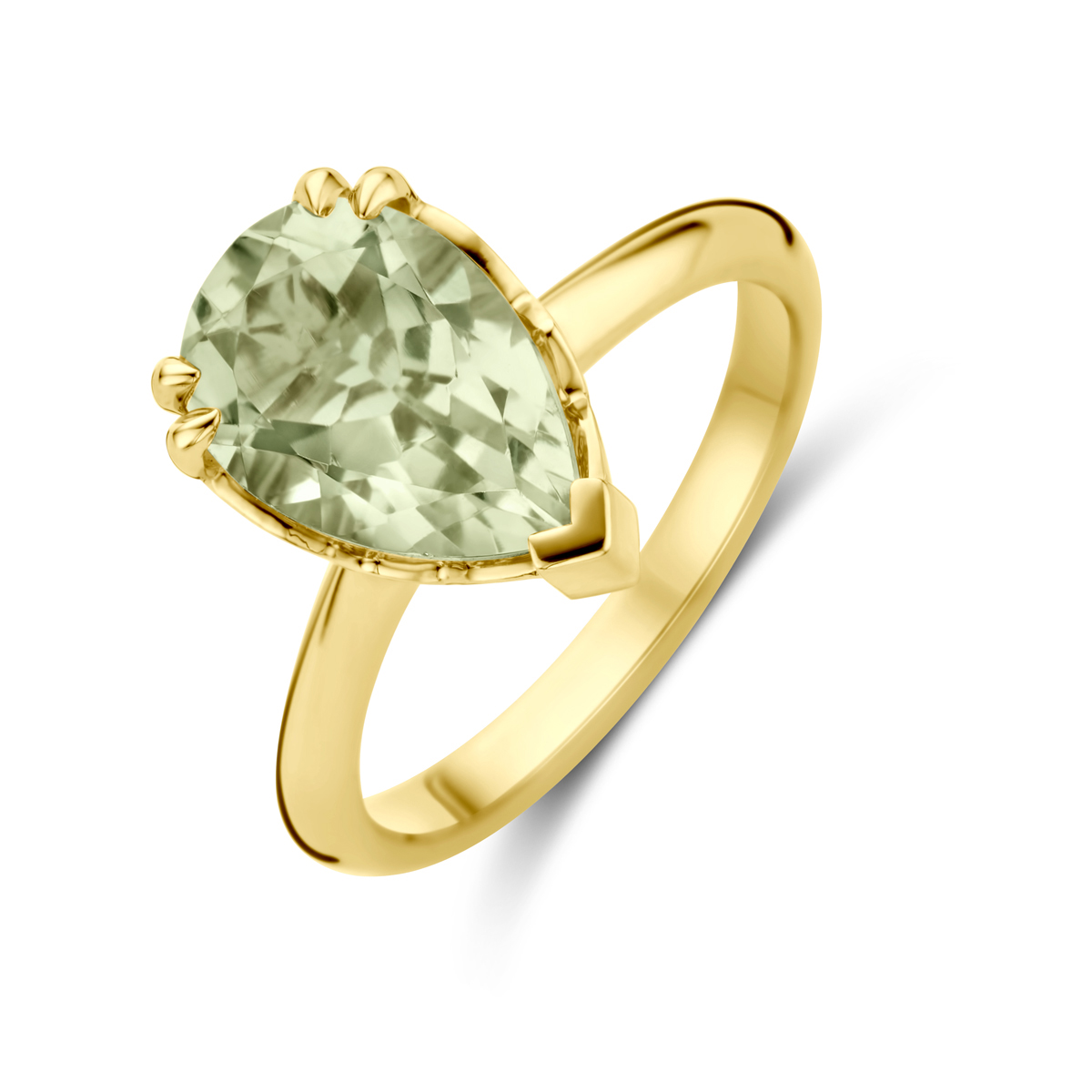 14k Geelgouden ring uitgevoerd met groen amethist. De ring heeft een afmeting van 13x9mm.
