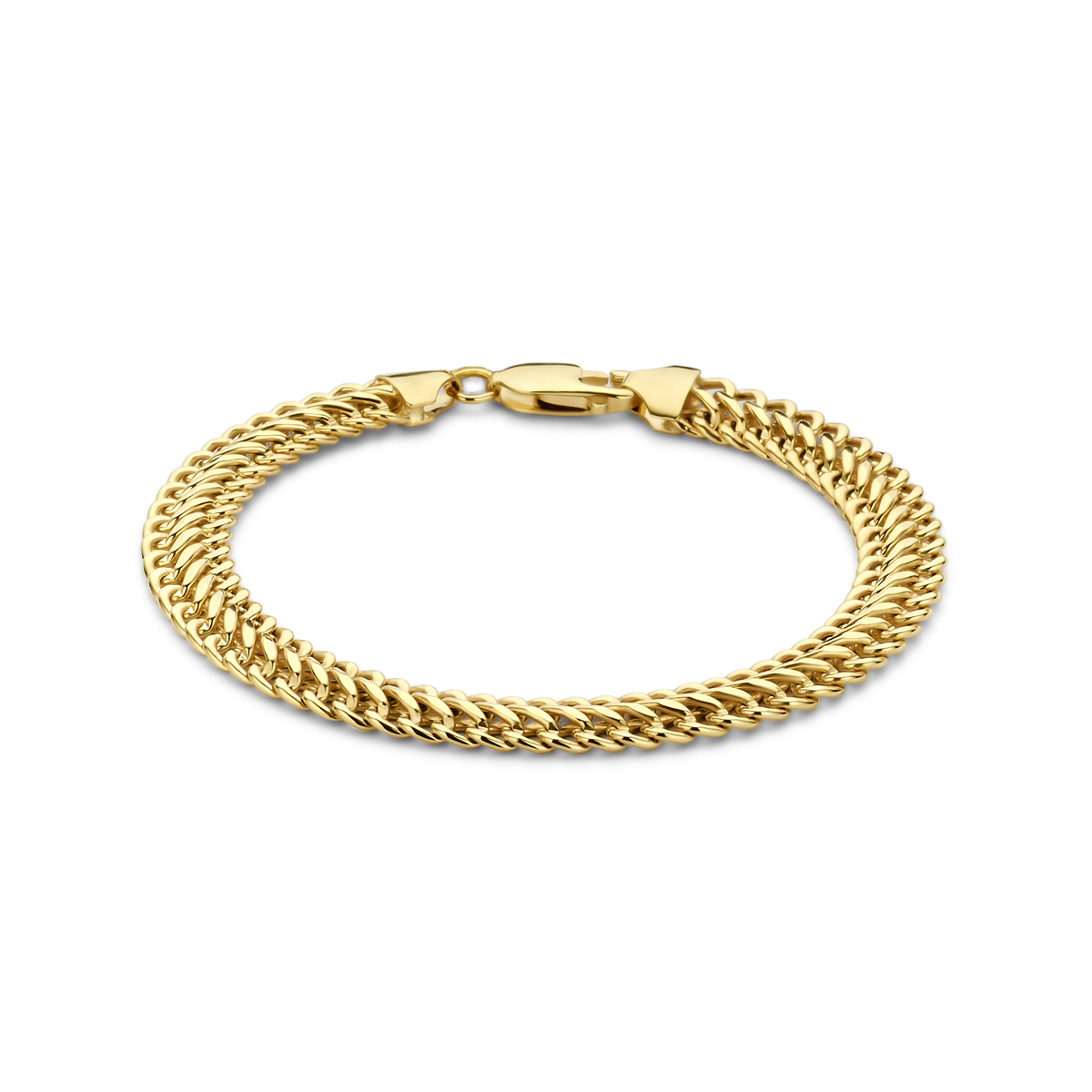 14k Geelgouden armband uitgevoerd met dubbel gourmette schakel. De armband heeft een draaglengte van 19cm en een schakelbreedte van 8mm. Uitgevoerd met karabijnsluiting.