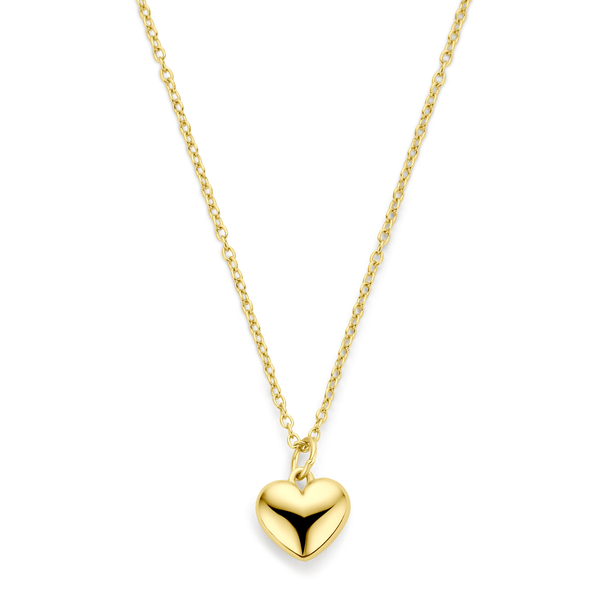 Geelgoud op 925 zilveren collier uitgevoerd met een hartje. Het collier heeft draaglengtes van 41-43-45cm. Geen garantie op de plating.