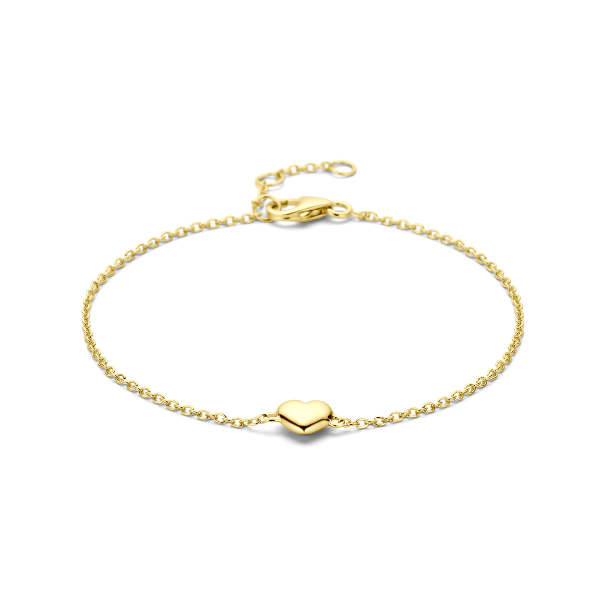 Geelgoud op 925 zilveren armband uitgevoerd met een hartje. De armband heeft draaglengtes van 16.5-17.5-18.5cm. Geen garantie op de plating.