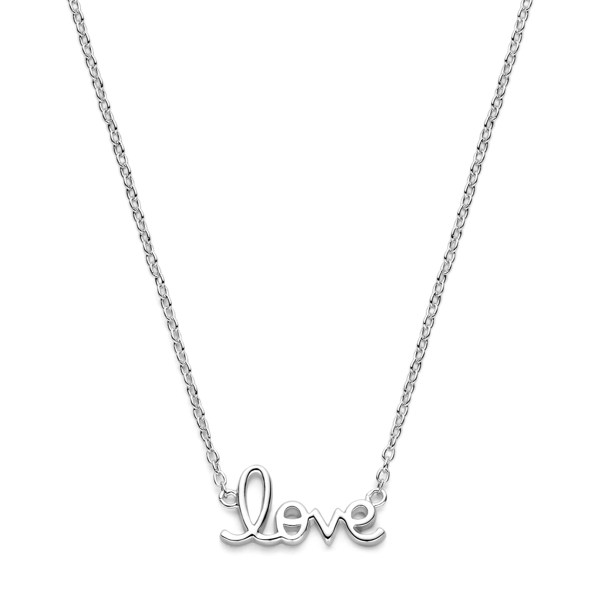 Gerhodineerd 925 zilveren collier uitgevoerd met de tekst love. Het collier heeft draaglengtes van 41-43-45cm.