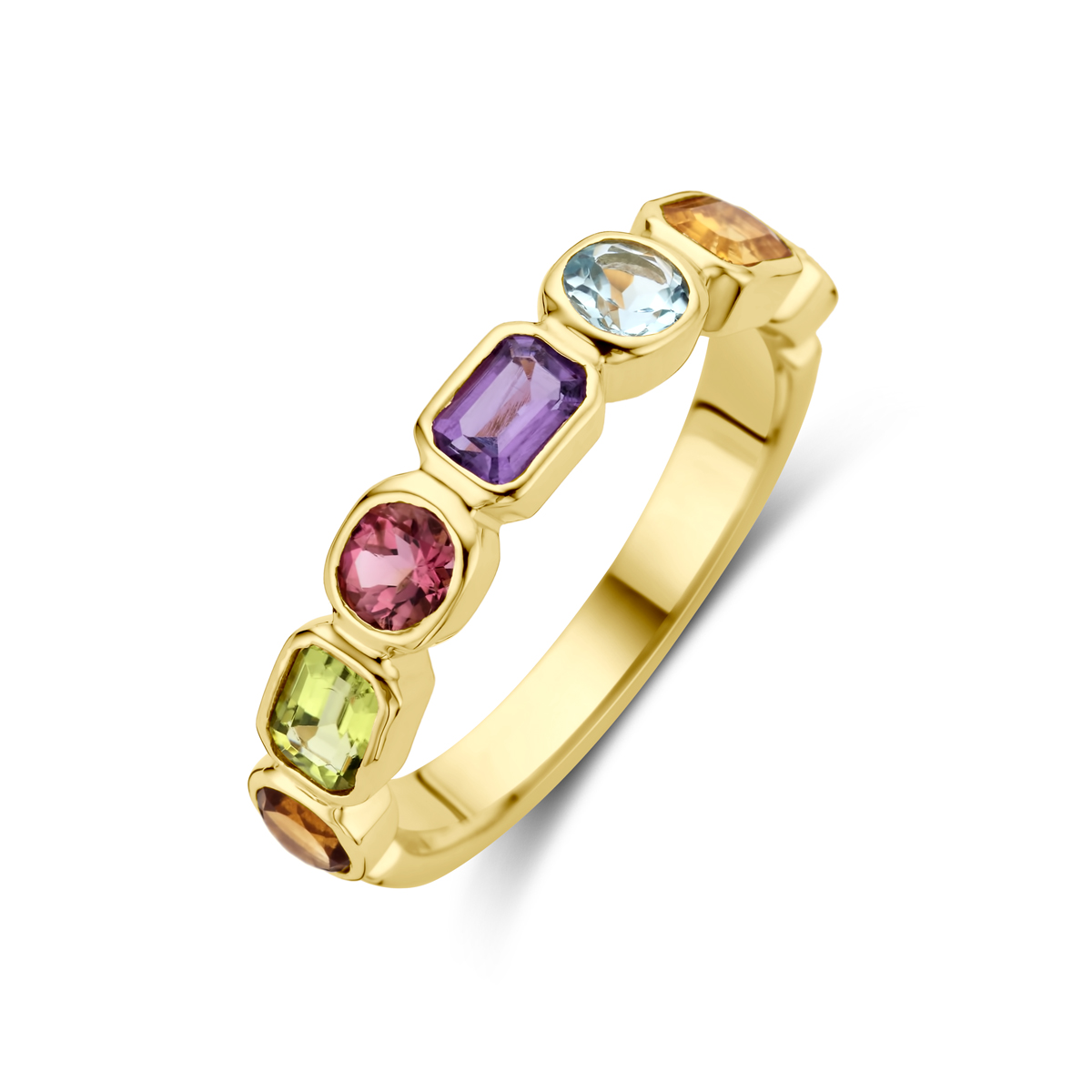 14k Geelgouden ring uitgevoerd met amethist, sky blue topaas. citrien, peridot en roze topaas. De ring heeft een breedte van ..mm.