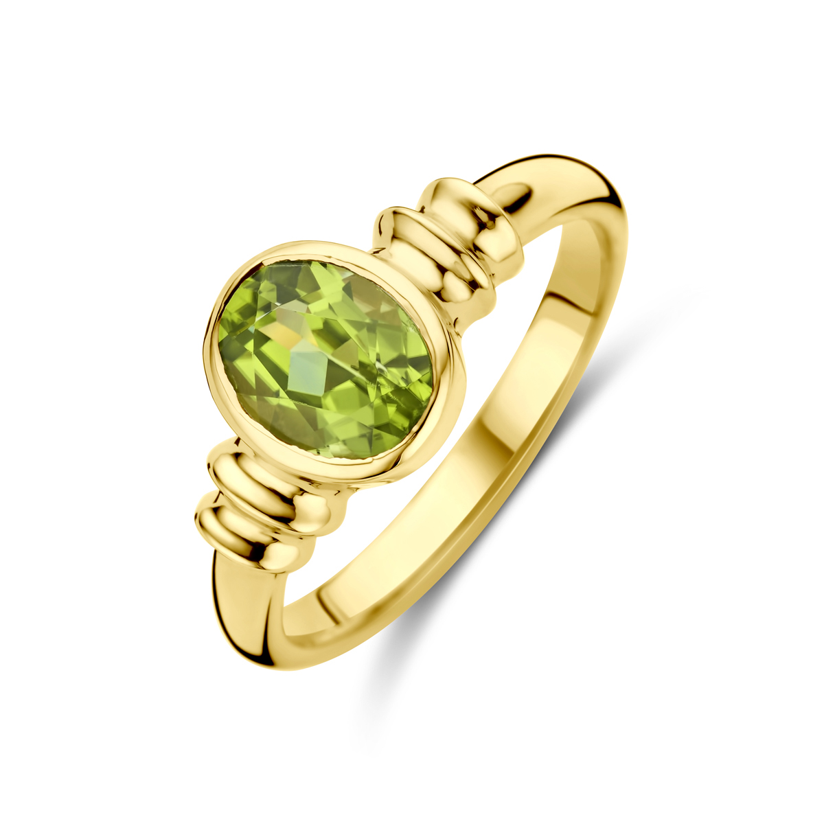 14k Geelgouden ring uitgevoerd met peridot. De ring heeft maat 16.
