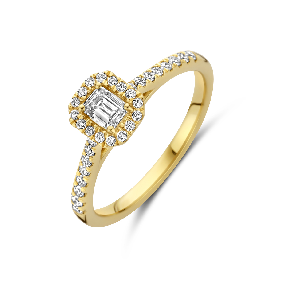 14k Geelgouden ring uitgevoerd met lab grown diamant. De ring heeft een breedte van 7mm. Het totale diamantgewicht is 0.48ct. Lab grown diamanten zijn diamanten die ontstaan in een laboratorium. Onder extreem hoge druk en temperatuur wordt het natuurlijk ontstaansproces nagebootst met als eindresultaat een diamant met dezelfde chemische eigenschappen maar met een andere oorsprong.