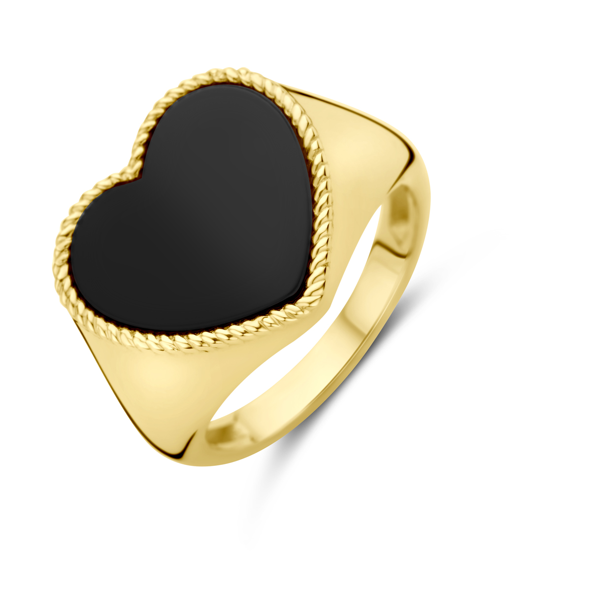 14lk Geelgouden zegelring uitgevoerd in de vorm van een hart met onyx. De ring heeft een breedte van 15.5mm.