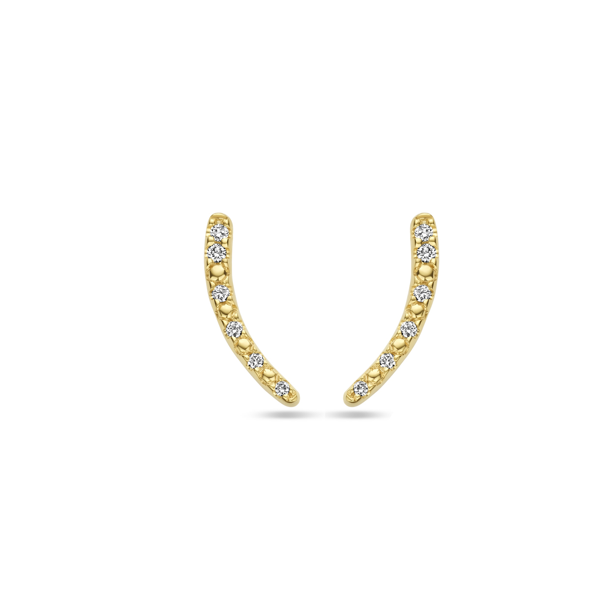 14k Geelgouden oorknoppen uitgevoerd met diamant. De oorknoppen hebben een afmeting van 11x3mm. Het totale diamantgewicht is 0.05ct.