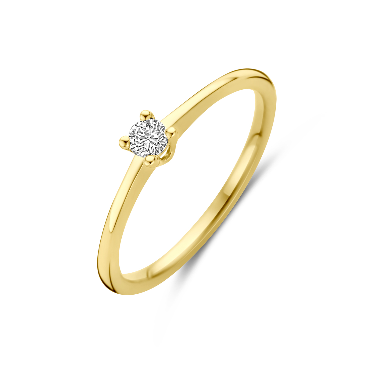 14k Geelgouden ring uitgevoerd met diamant. De ring heeft een breedte van 3.5mm. Het totale diamantgewicht is 0.10ct.