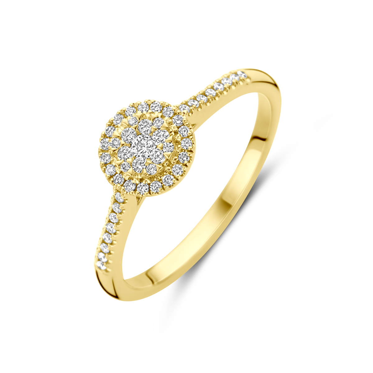 14k Geelgouden ring uitgevoerd met diamant. De ring heeft een breedte van 7mm. Het totale diamantgewicht is 0.19ct.