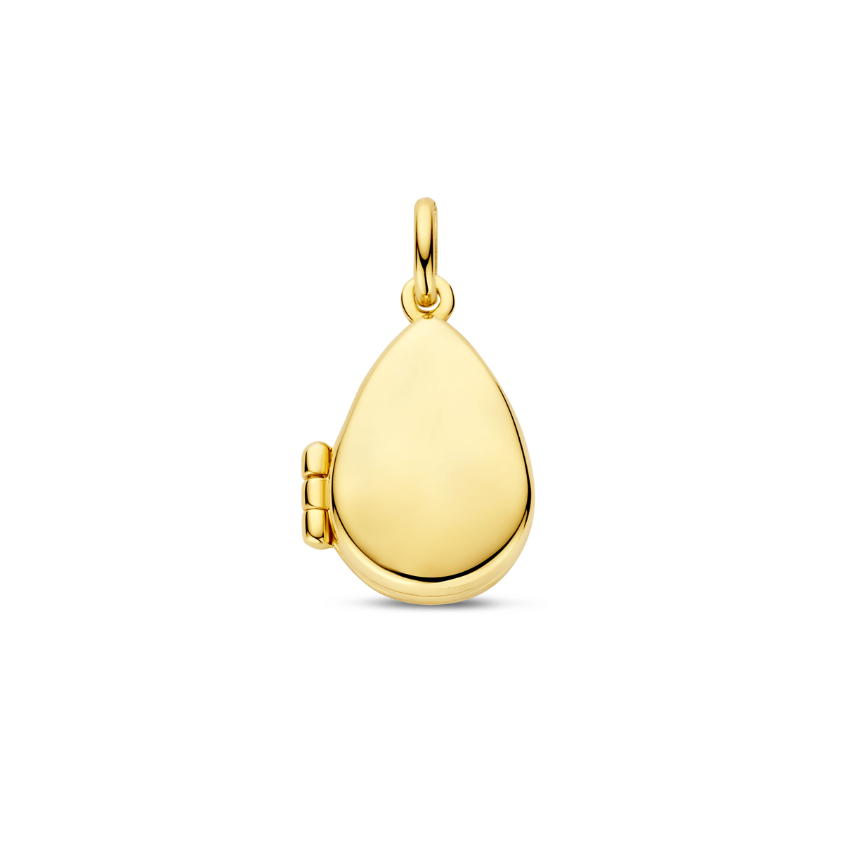 14k Geelgouden medaillon uitgevoerd in de vorm van een druppel. Het medaillon heeft een totale hoogte van 20mm.