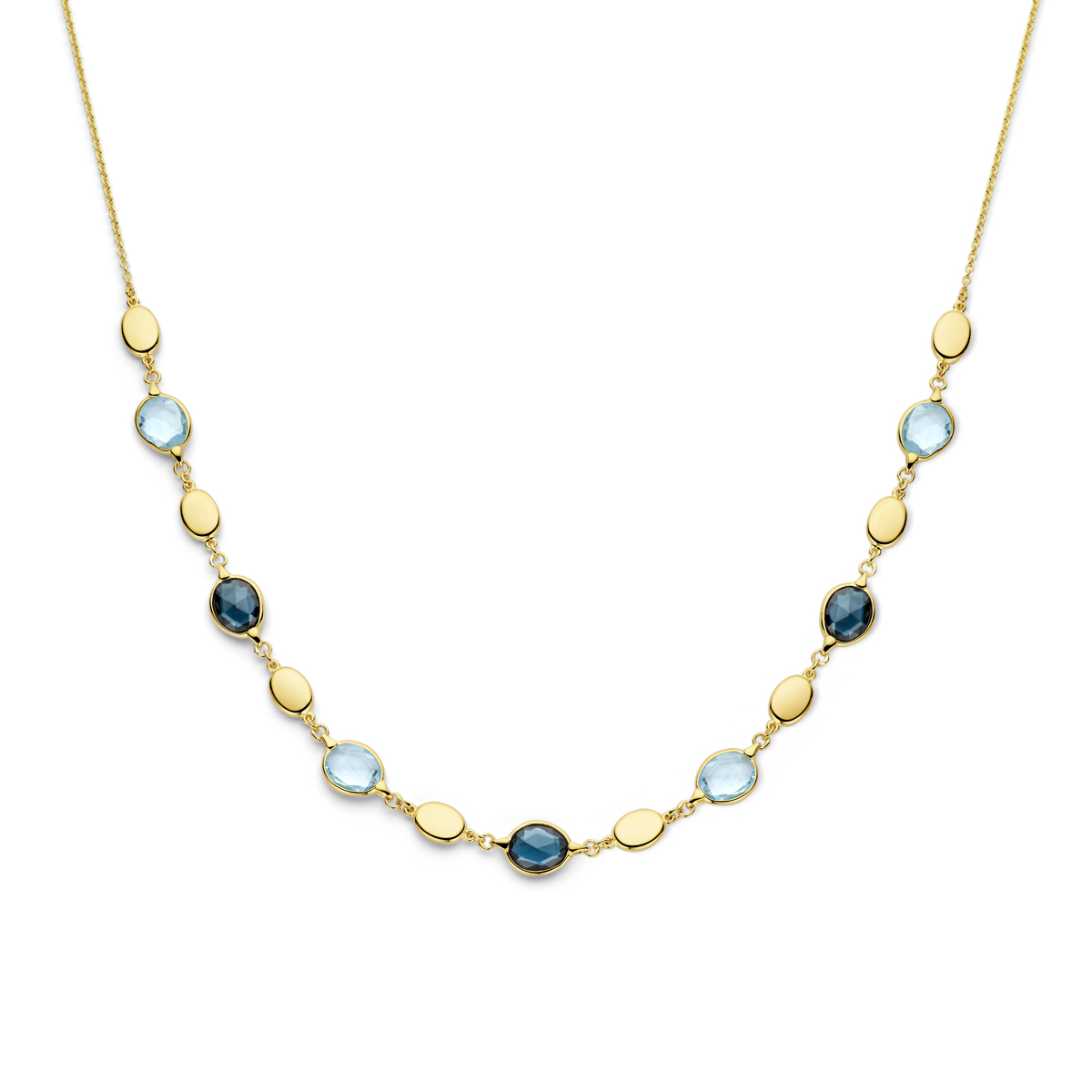 14k Geelgouden collier uitgevoerd met sky blue en london blue topaas. Het collier heeft een draaglengte van 43cm.