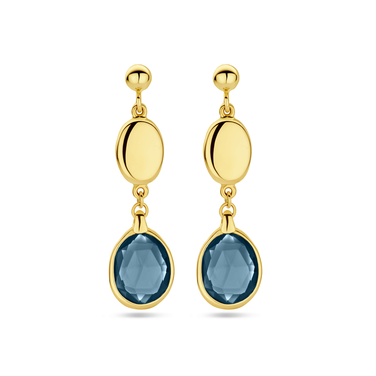 14k Geelgouden oorhangers uitgevoerd met london blue topaas. De oorhangers hebben een totale hoogte van 36mm.