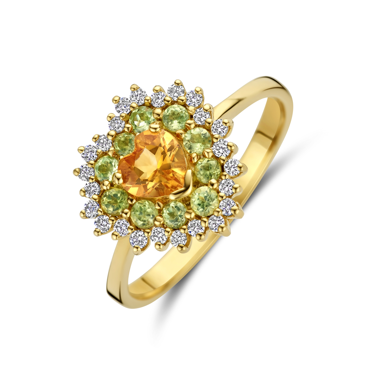14k Geelgouden ring uitgevoerd in de vorm van een hart met peridot, citrien en diamant. De ring heeft een breedte van 12.5mm. Het totale diamantgewicht is 0.19ct.