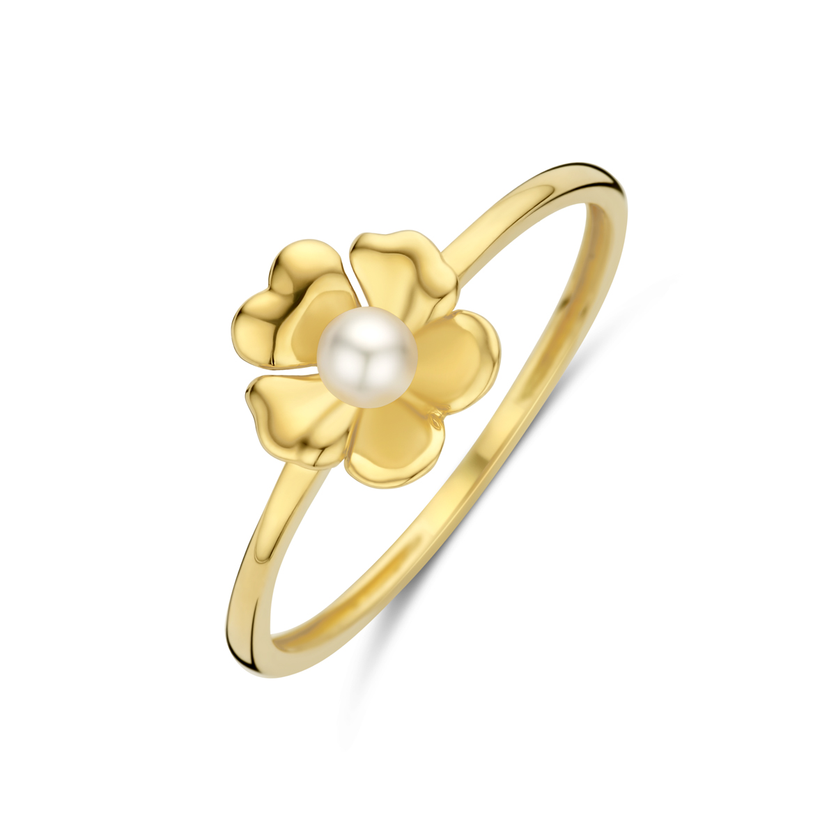 14k Geelgouden ring uitgevoerd in de vorm van een bloem met een zoetwaterparel. 