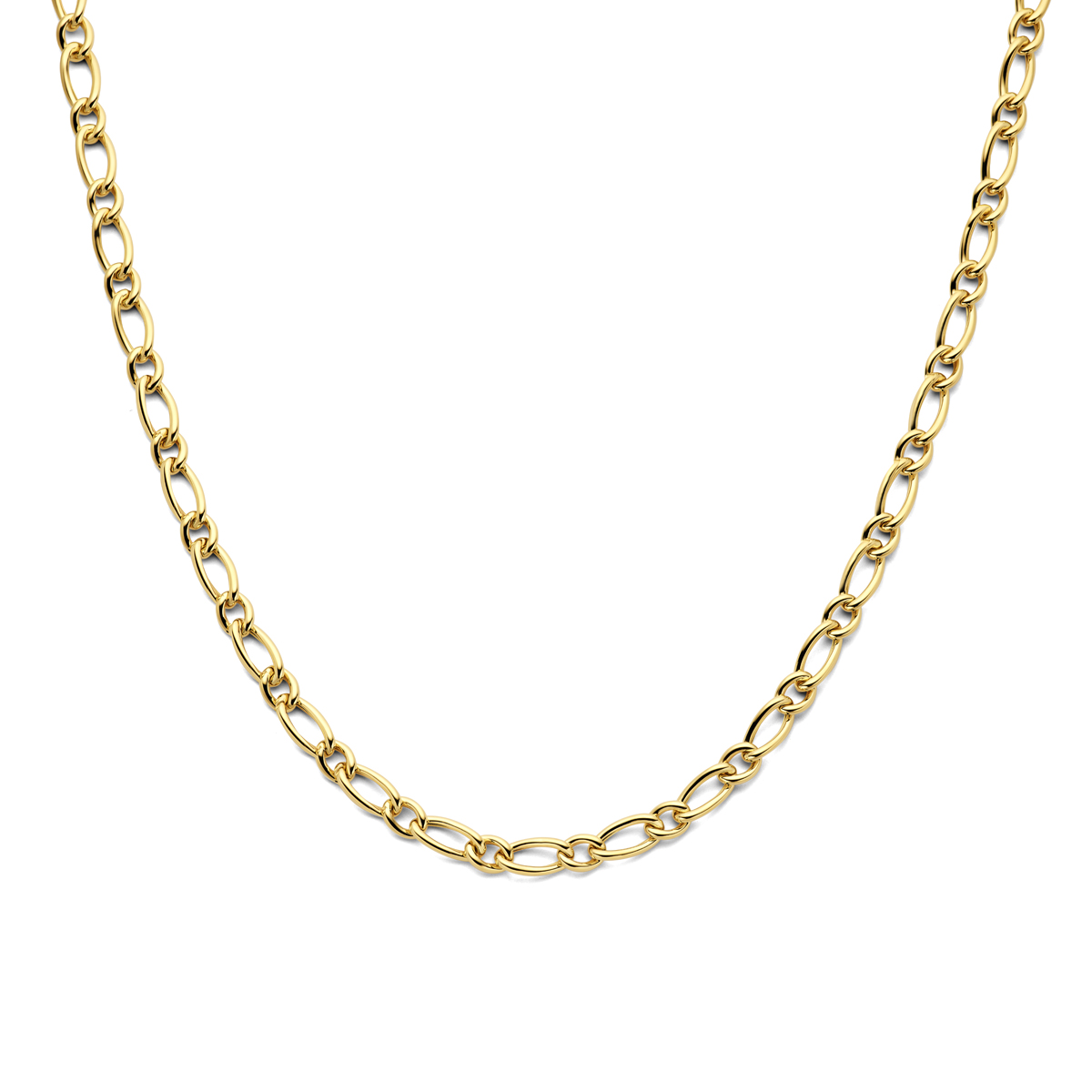 14k Geelgouden collier uitgevoerd met een fantasie schakel. De armband heeft een draaglengte van 45cm en een schakelbreedte van 7mm. Uitgevoerd met karabijnsluiting.