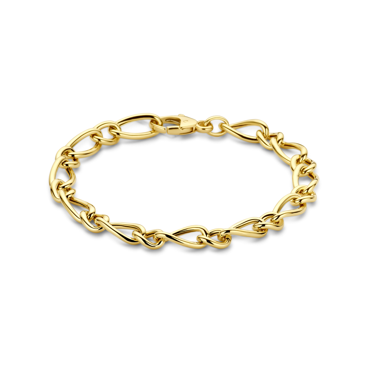 14k Geelgouden armband uitgevoerd met fantasie schakel. De armband heeft een schakelbreedte van 7mm en een draaglengte van 20cm. Uitgevoerd met karabijnsluiting.